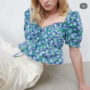 Zara Blue and Green Floral Blouse